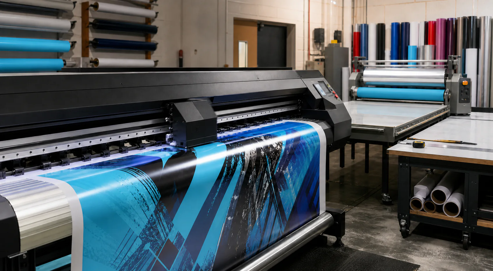 Illustrative large-format graphics printing and finishing environment