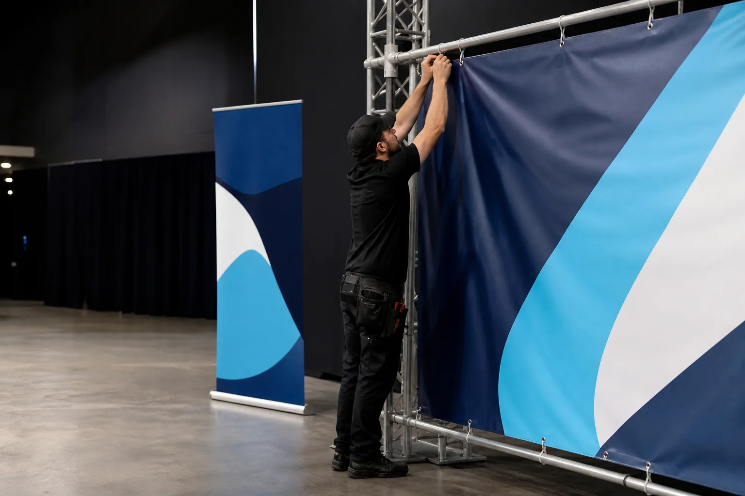 Illustrative example of an event banner being installed on a display frame