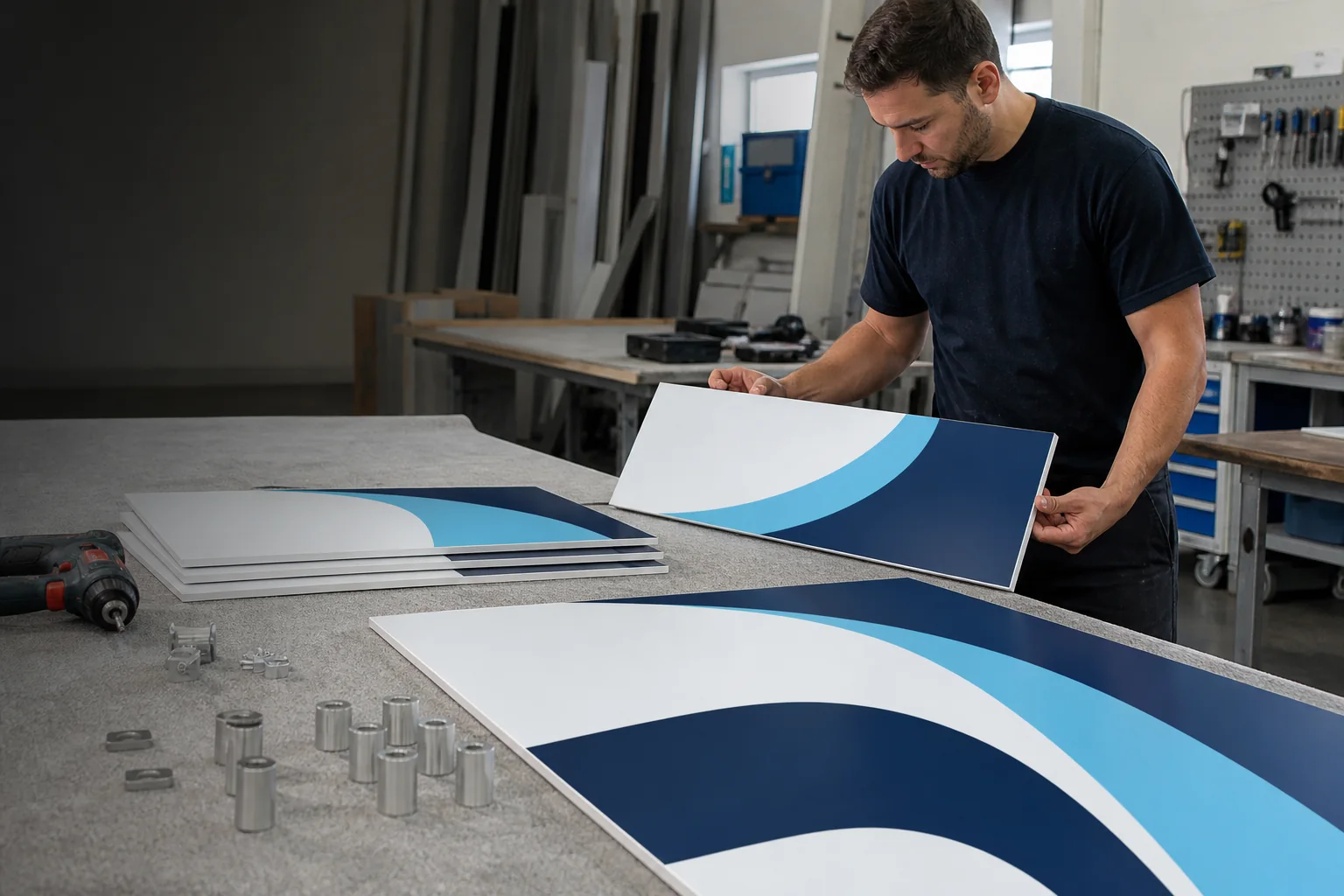 Illustrative example of printed rigid business sign panels being inspected