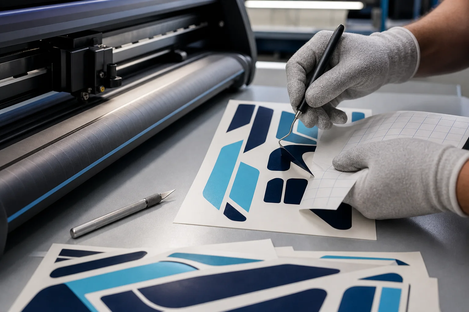 Illustrative example of contour-cut vinyl decals being finished