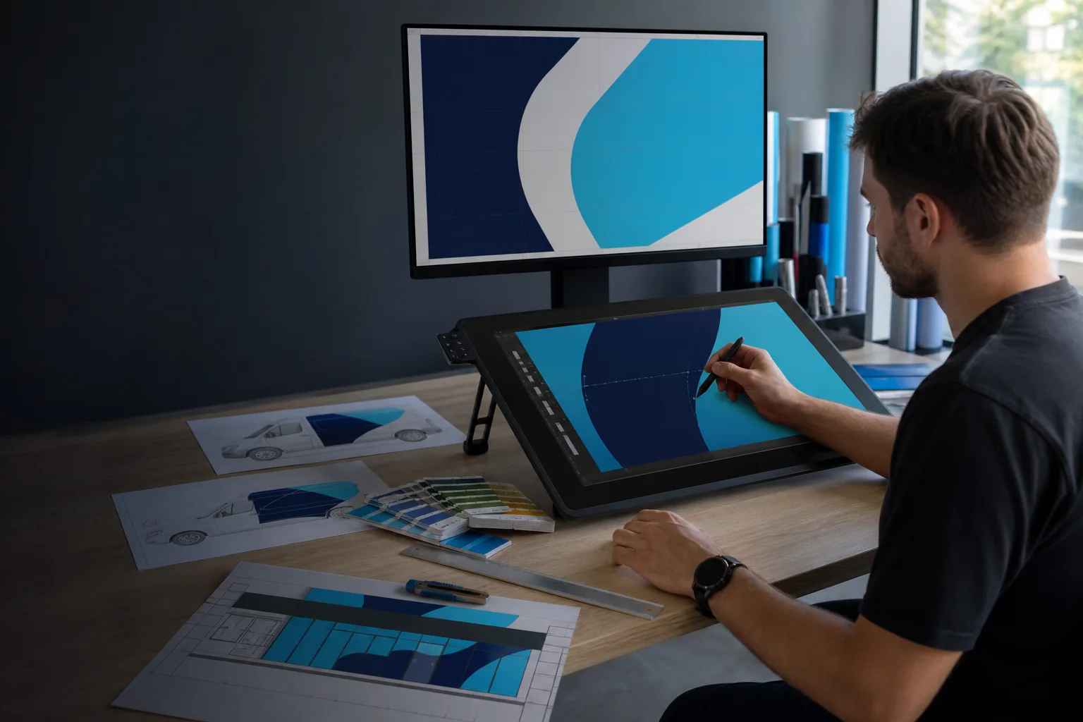 Illustrative example of commercial graphics being prepared for production