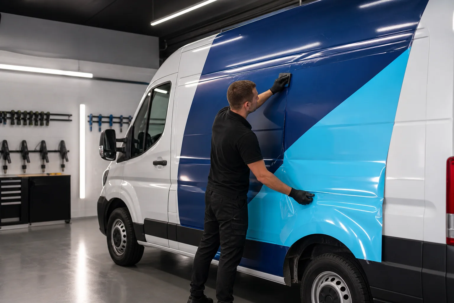 Illustrative example of commercial vehicle graphics being installed