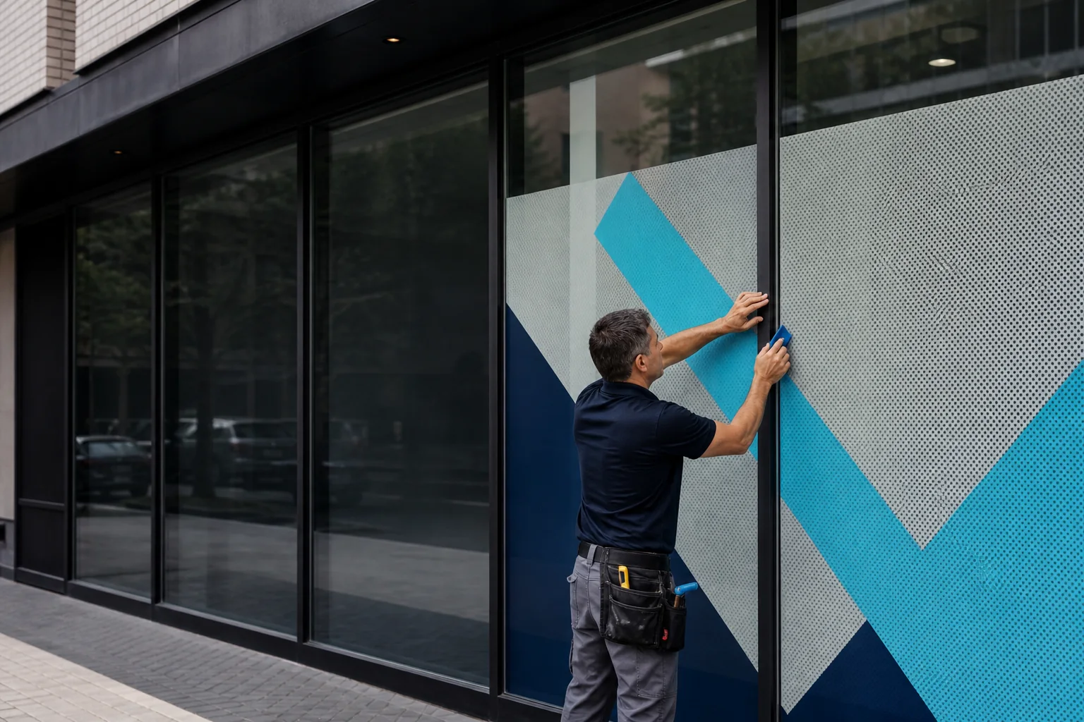Illustrative example of an installer applying perforated graphics to a storefront window