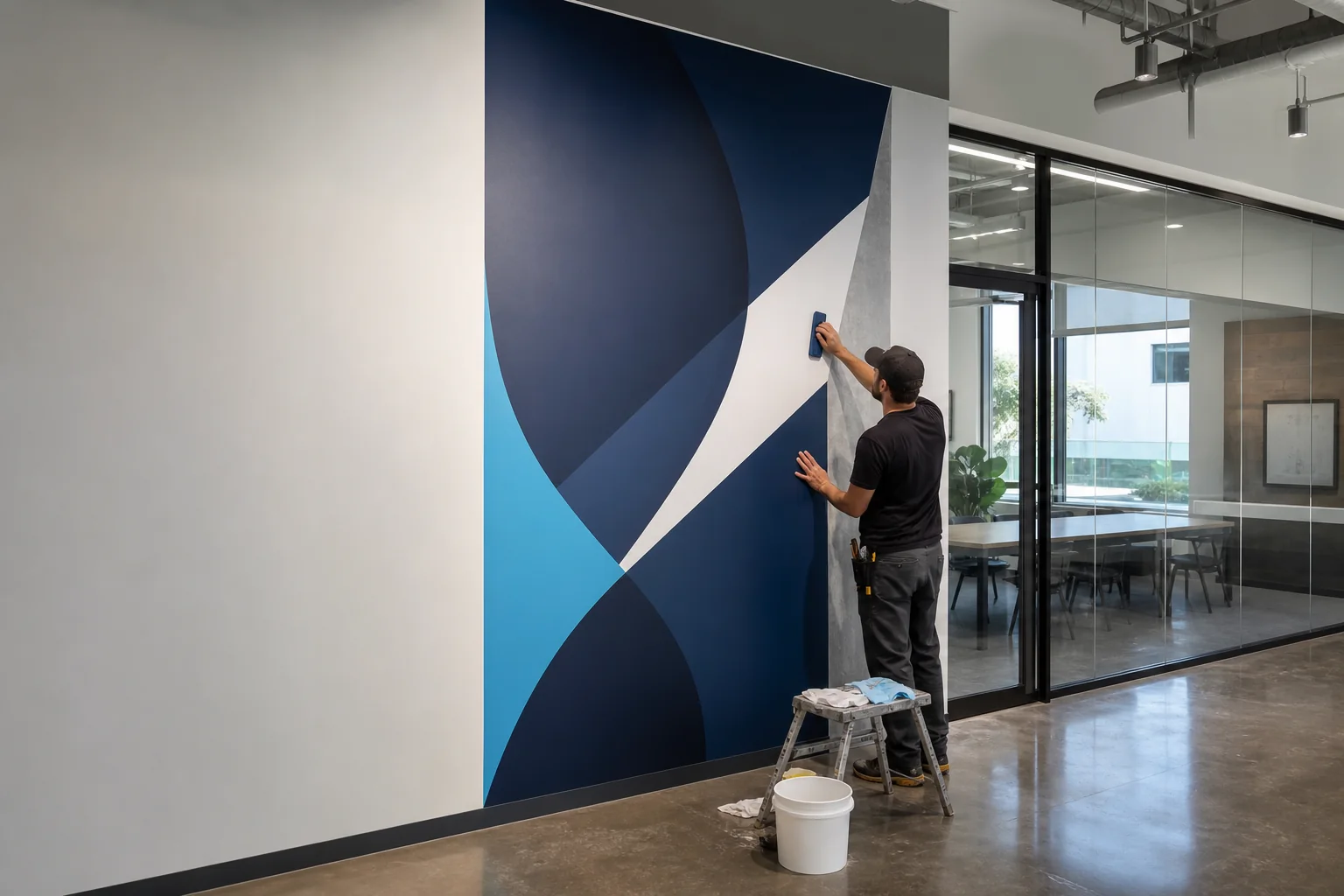 Illustrative example of an installer applying a branded mural inside an office